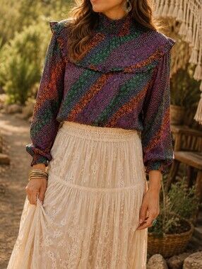FRNCH Paris Purple Floral Printed Ruffle Blouse Green Orange Stripe Long Sleeve